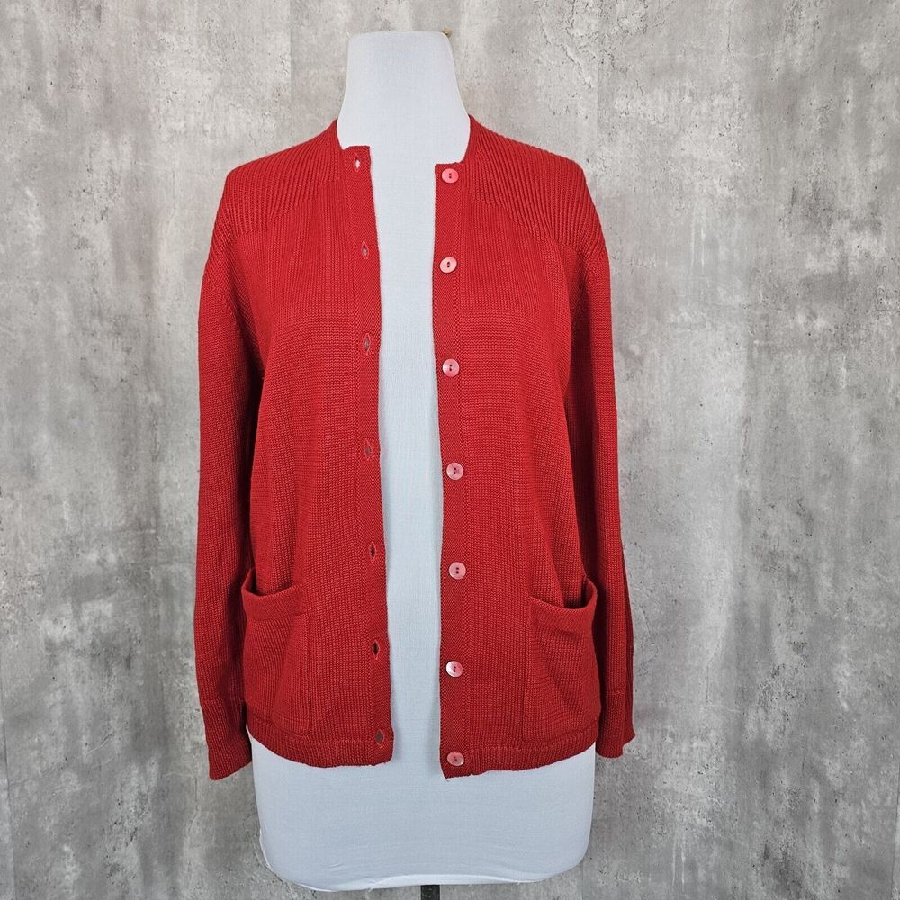 Vintage 80s Adele Joyce Womens M Red Cardigan Sweater Preppy Casual Geeky